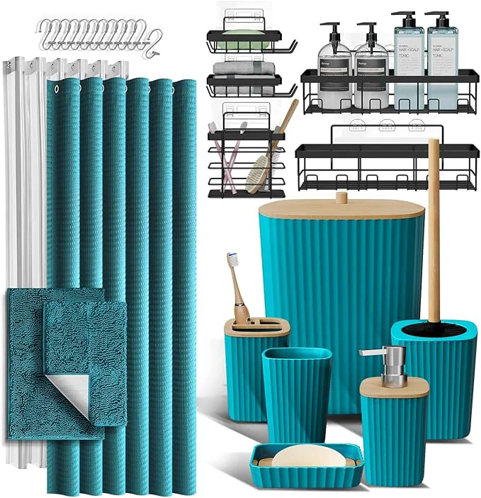 Elite Clara Clark Bathroom Accessories Set - 27PC Bathroom Set with Adhesive Corner Shower Caddy Hanging Bathroom Sets with Shower Curtain and Rugs Teal Shower Curtain Set with Bathroom Trash CanAbout ThisOverview Innovative