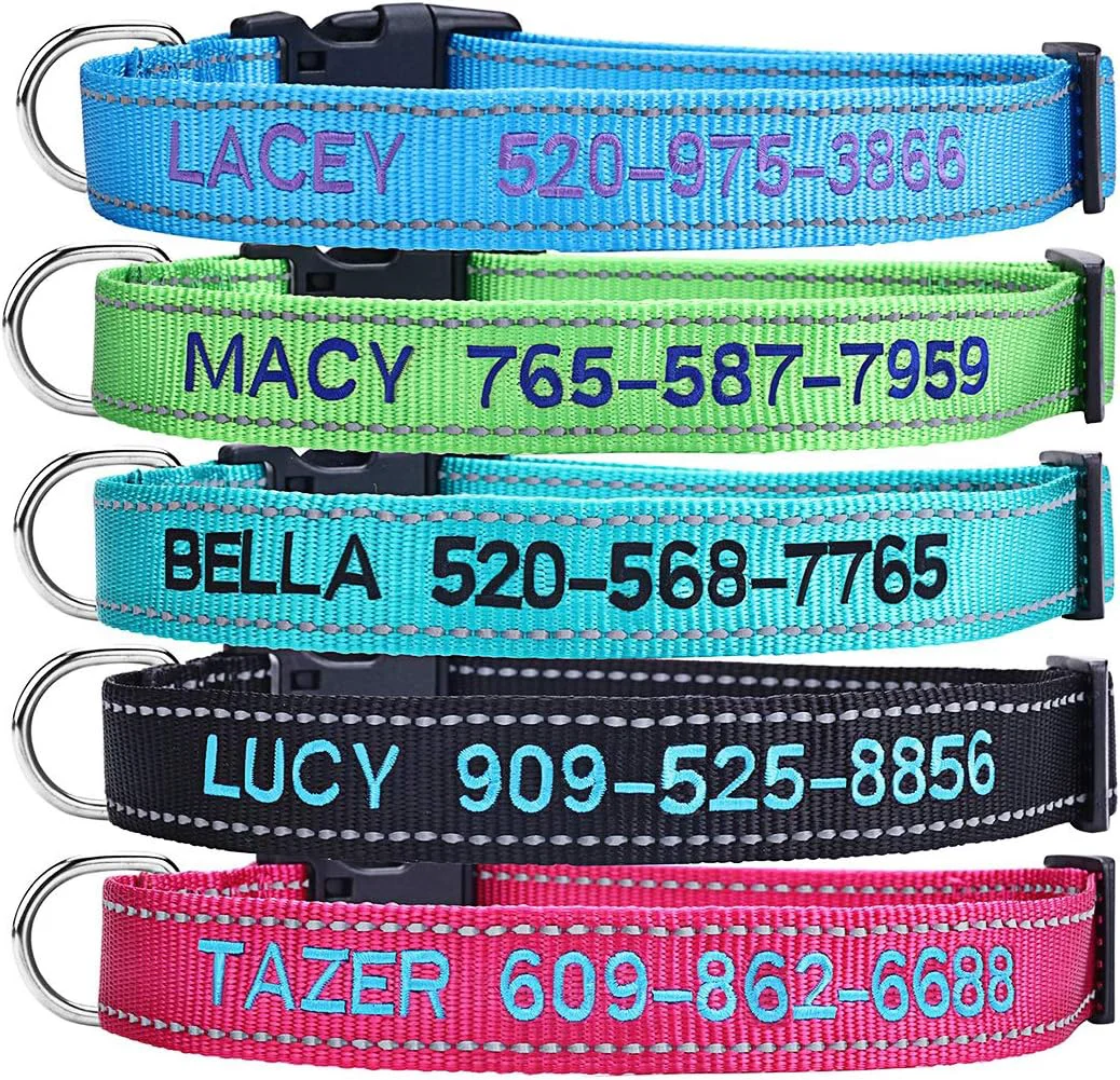 Secure Personalized Dog Collar Custom Embroidered Pet Name and Phone Number 4 Adjustable Sizes X-Small Small Medium Large Quick Release Buckle and D-Ring Safe