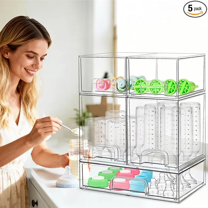 Next-Generation Baby Bottle Organizer for Countertop with Dust Protection 5Pack Stackable Baby Organizers and Storage for Bottles Clear Acrylic Container with Drawer for Kitchen Cabinet Vanity Bathroom PantryAbout ThisOverview Powerful