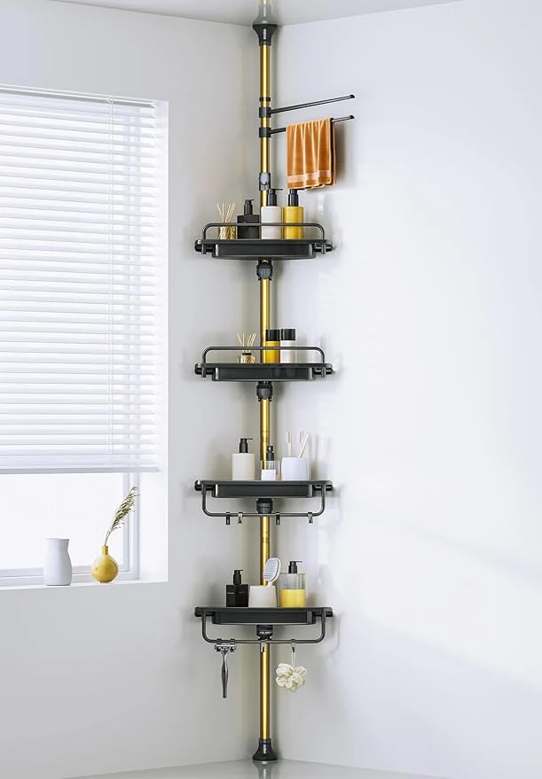Flexible Upgrade Sturdy Shower Caddy Tension Pole Black and Gold Corner Shower Caddy 18 8 Stainless Steel Rustproof 4 Tier Adjustable Shelves for Bathtub Shampoo Accessories Storage Rack 32-122inchAbout ThisOverview Unique