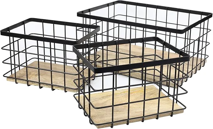 Superior happimess BSK3004A-3SET Evvie Vintage Farmhouse Wire Metal Nesting Storage Baskets with Wood Base for Shelves Cabinets Pantry Countertop Mesh Open Bin Basket Black Natural Set of 3 About ThisOverview Dependable