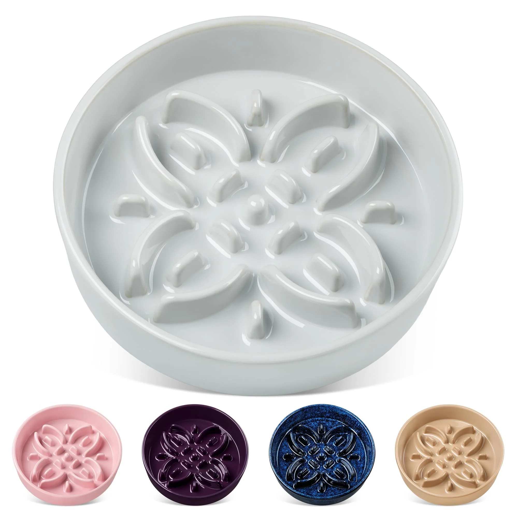 High-Performance Vancasso Ceramic Slow Feeder Dog Bowl with Floral Maze – Anti-Slip 1.5 Cup Grayish Cyan Fashionable