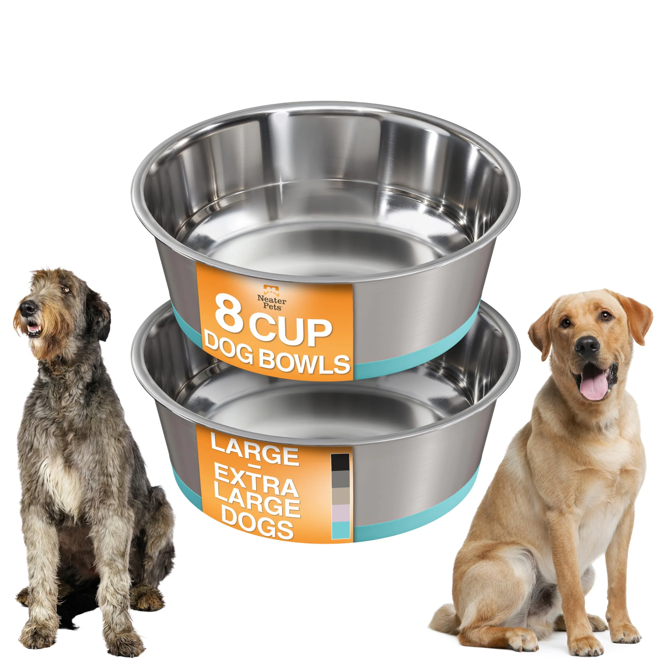 High-End Neater Pet Brands Stainless Steel Dog Bowls with Non-Slip Bottom – Set of 2 8 Cup 64 oz Teal Certified