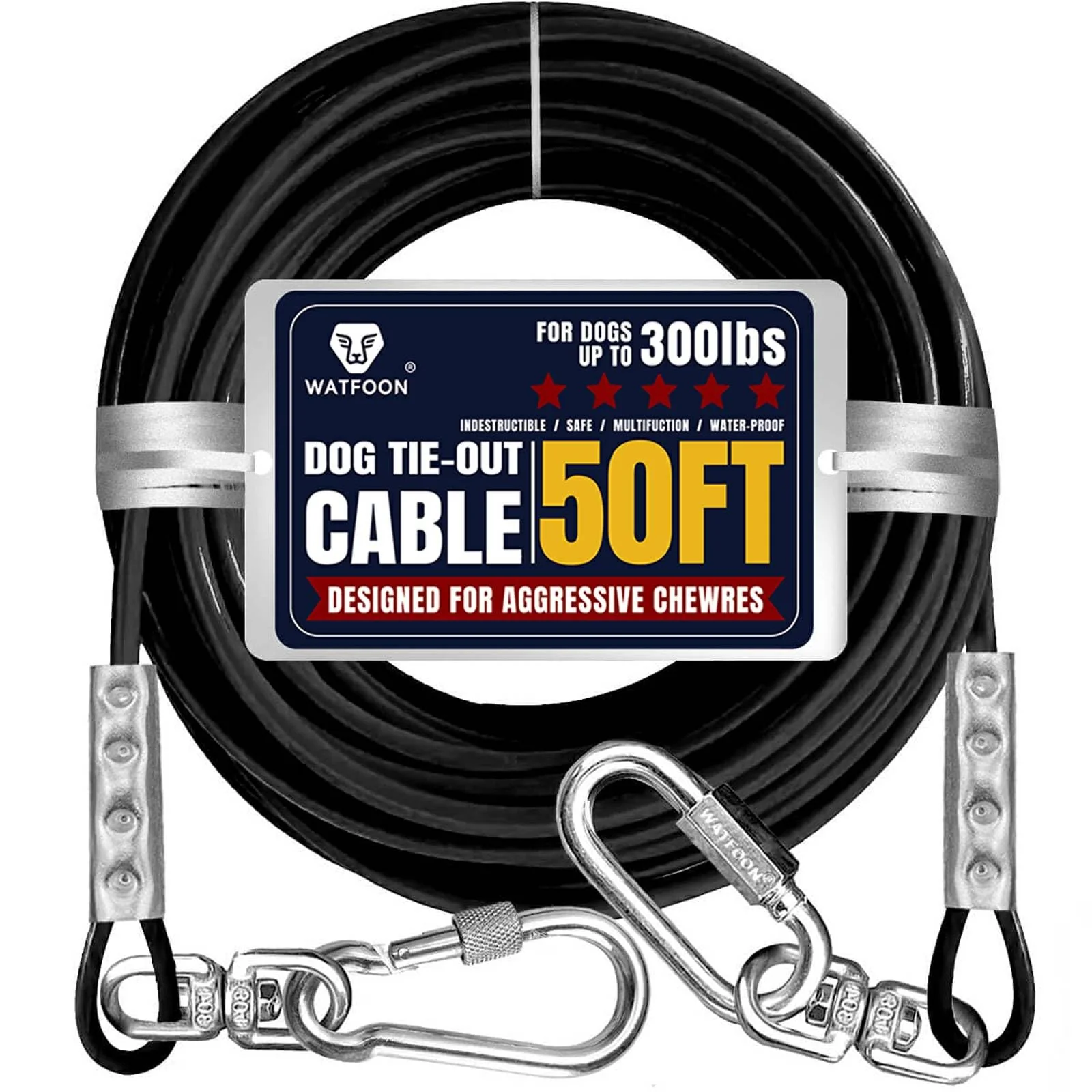 Professional WATFOON Tie Out Cable for Dogs — 50ft 1000lb Break Strength 360° Rotating Clip Quality
