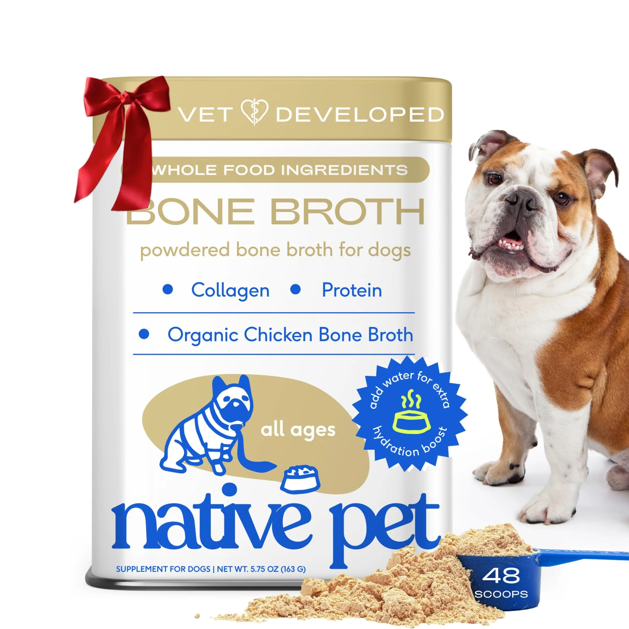 Optimized Native Pet Bone Broth Powder for Dogs Cats – Joint Immune Heart Support – 48 Scoops High-Grade