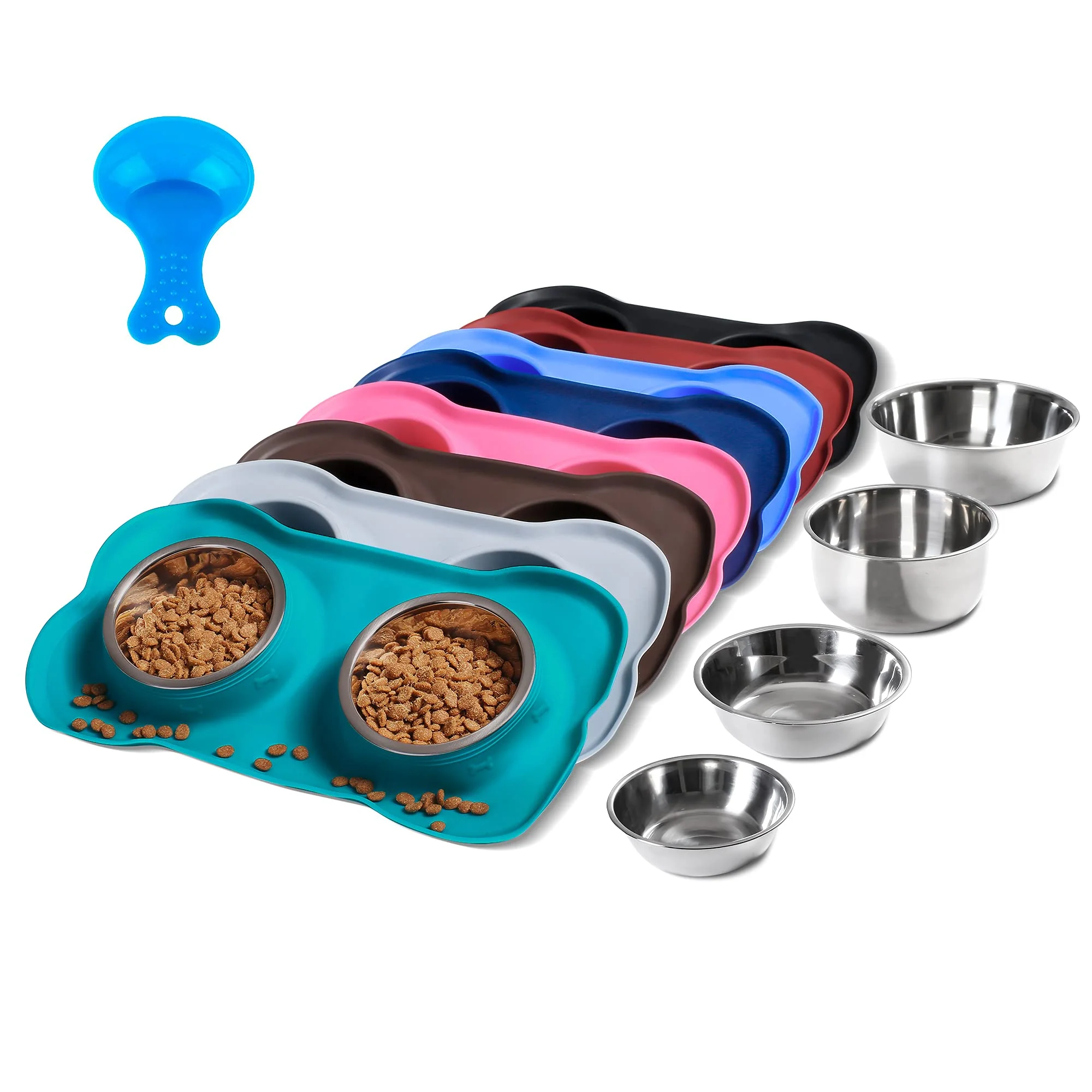 Trusted Hubulk Pet Dog Bowls - 2 Stainless Steel Bowls with No-Spill Silicone Mat Scoop Medium Green Clean