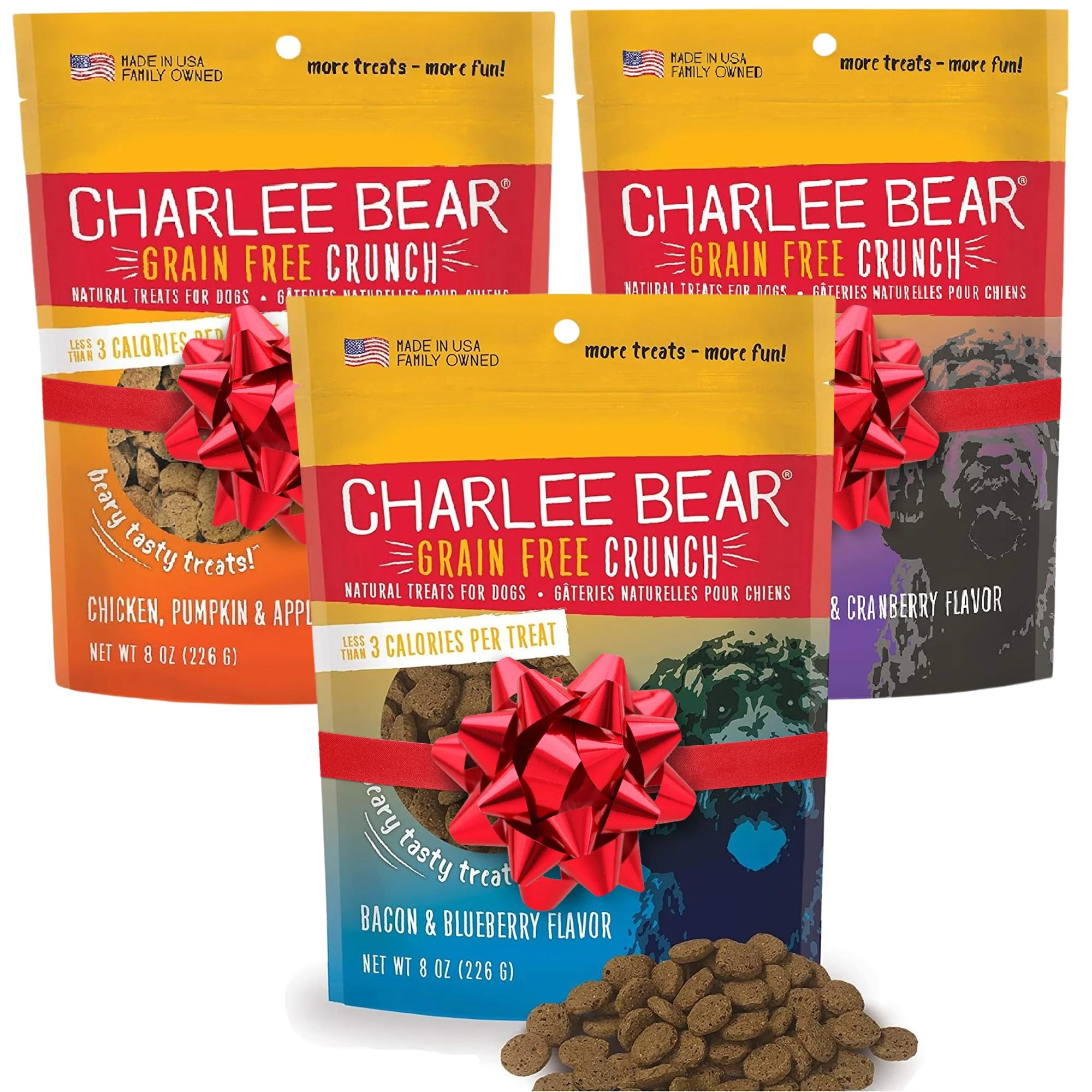 Reliable Charlee Bear Training Treats for Dogs — Crunchy Low-Calorie Grain- Snacks USA Made 3-Flavor Variety Pack 8oz Each Eco-Friendly