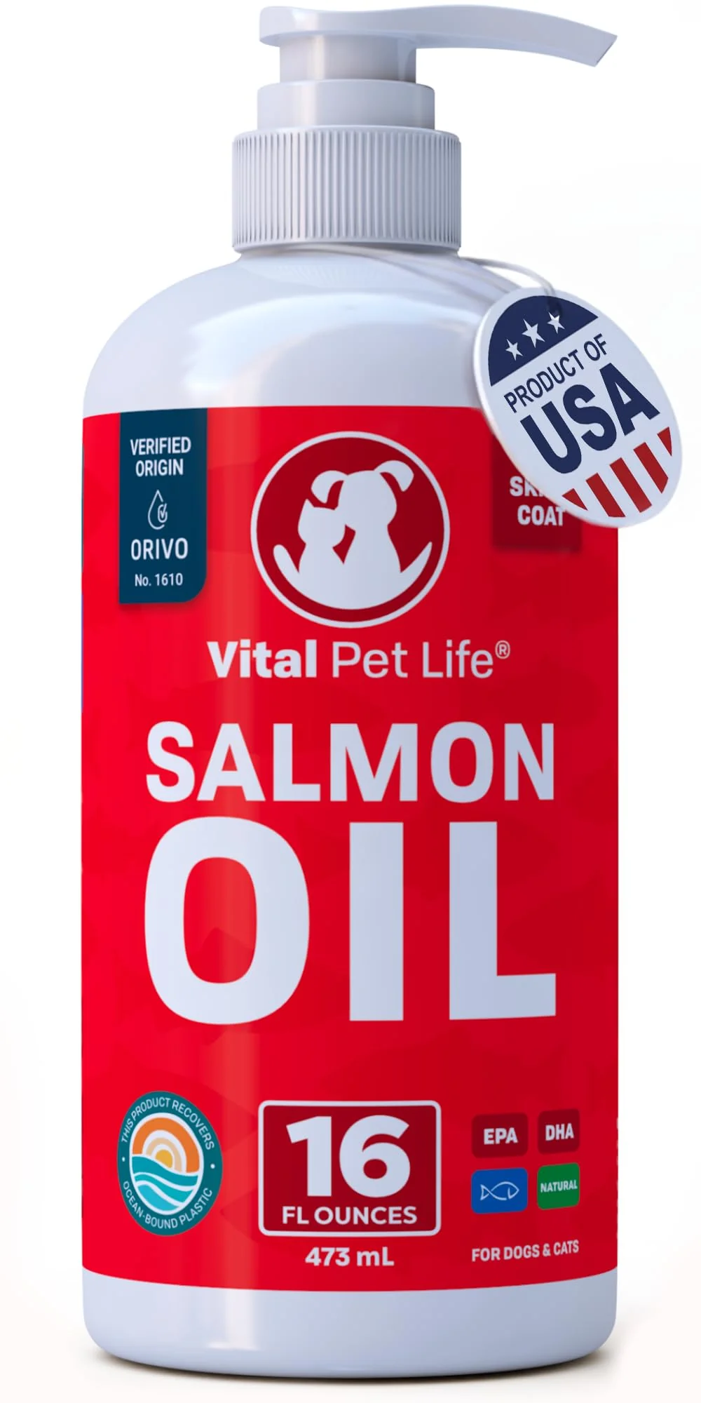 Traditional Vital Pet Life Salmon Oil for Dogs Cats - Skin Coat Support Omega-3 EPA DHA Joint Health 16 oz Exclusive