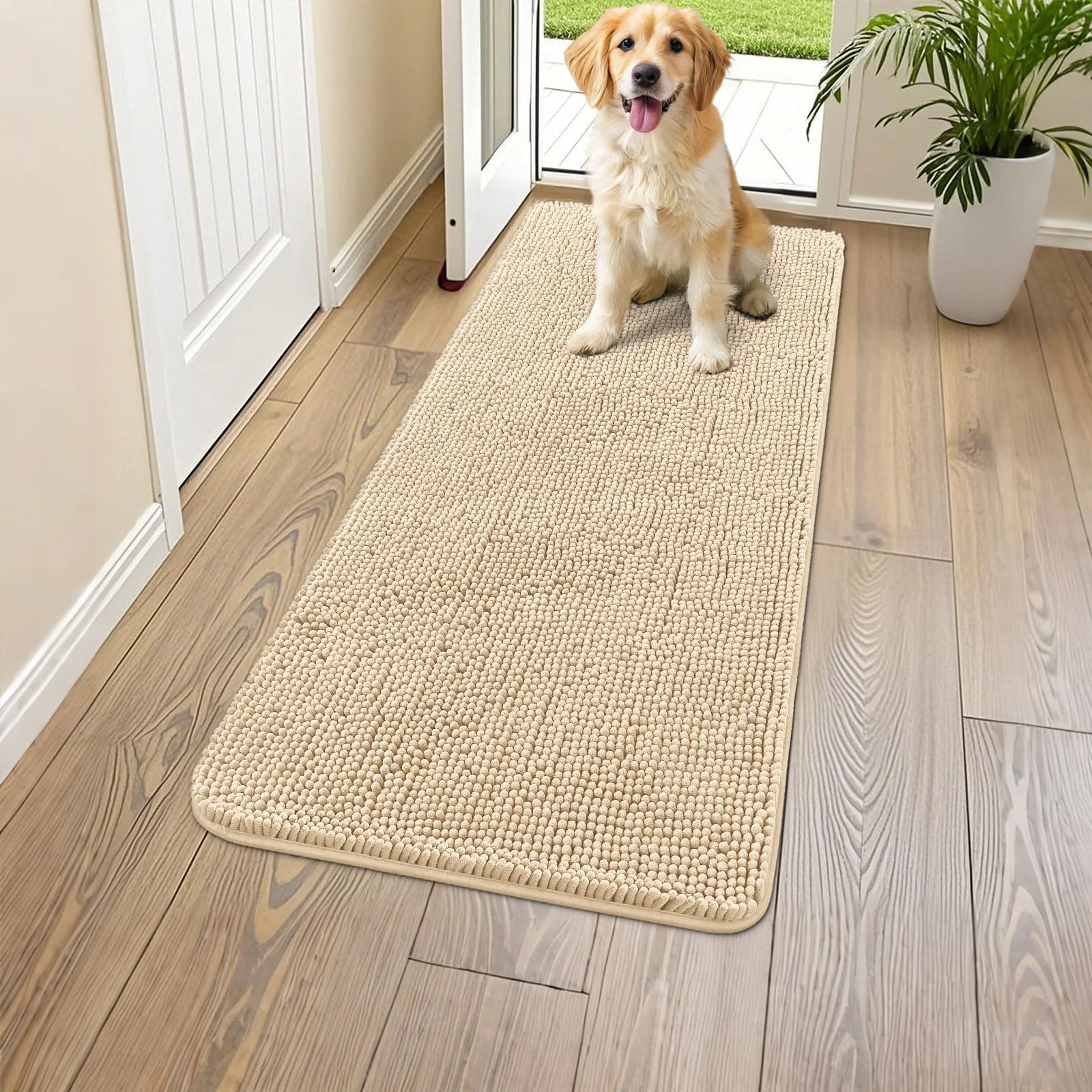 Carefully Designed Smiry Dog Door Mat 47x17 — Absorbs Moisture Dirt Non-Slip Chenille Entryway Mat Beige High-Performance