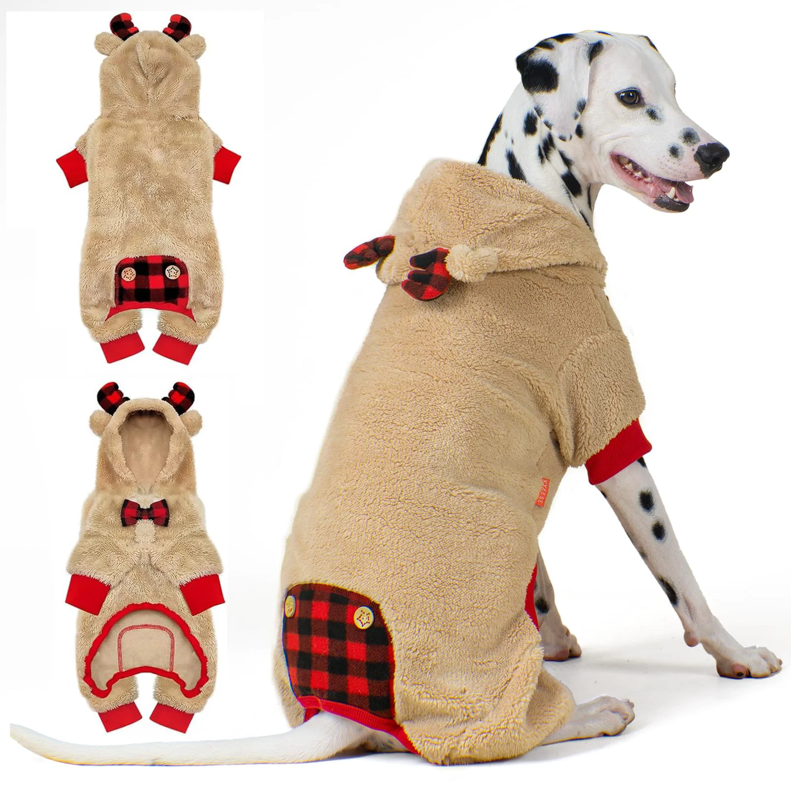 Crafted KYEESE Dog Christmas Pajamas with Reindeer Hood – Plush Red Buffalo Check Pet Onesie Small-XXX-Large Sophisticated