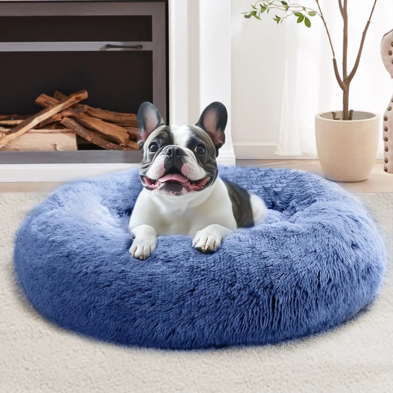 Premium Material JOLLYVOGUE Calming Donut Bed for Small Dogs — 23in Navy Blue Washable Anti-Slip Fashionable