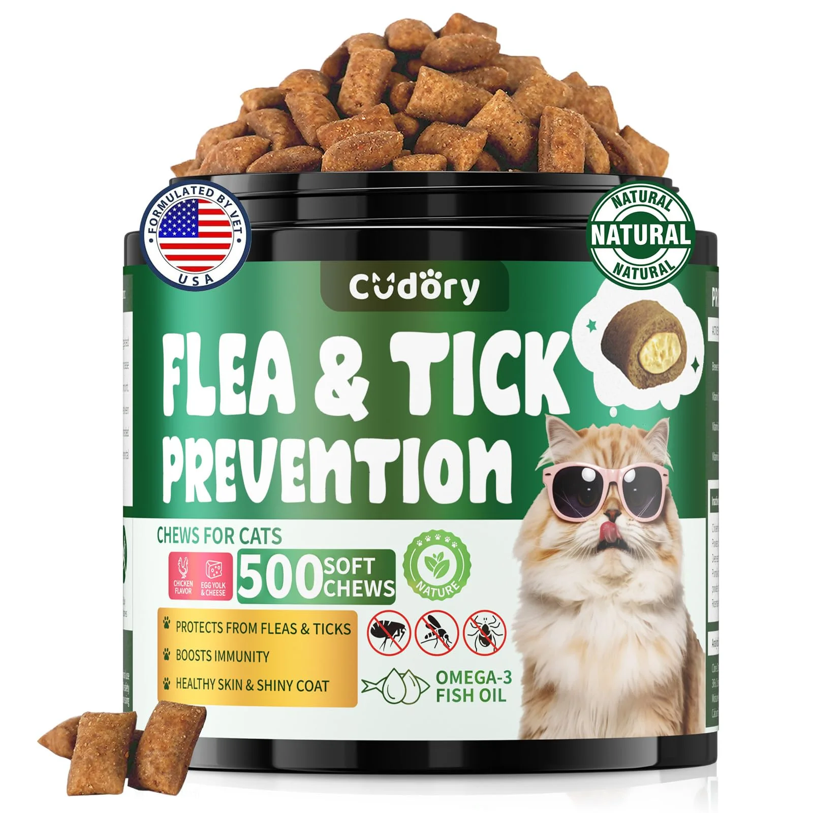 First-Class Cudory Flea Tick Prevention Chews for Cats — 500 Crunchy Creamy Chicken Flavor Unique