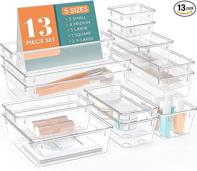 Sustainable 13 PCS Drawer Organizer Set 5 Varied Size Bathroom and kitchen Drawer cabinet organizer Trays Clear Storage Bins for Makeup Jewelry Utensils and GadgetsAbout ThisOverview Comfortable