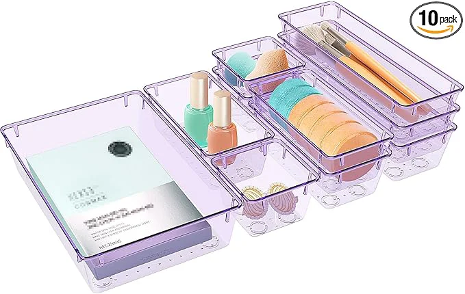 Efficient 10 PCS Drawer Organizer Set 4 Varied Size Bathroom and kitchen Drawer cabinet organizer Trays Clear Storage Bins for Makeup Jewelry Utensils and Gadgets PurpleAbout ThisOverview Official