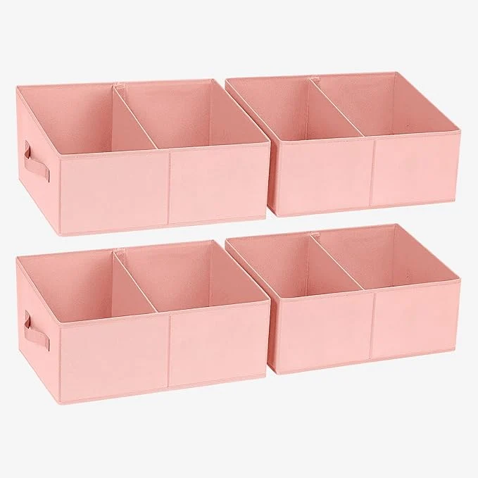 Functional DIMJ Large Closet Shelf Organizer Bins 4 Packs with Handles and Divider Fabric Trapezoid Storage Baskets Foldable Clothes Containers Box for Shelf Towel Book Toy Purse Hats PinkAbout ThisOverview Prestigious