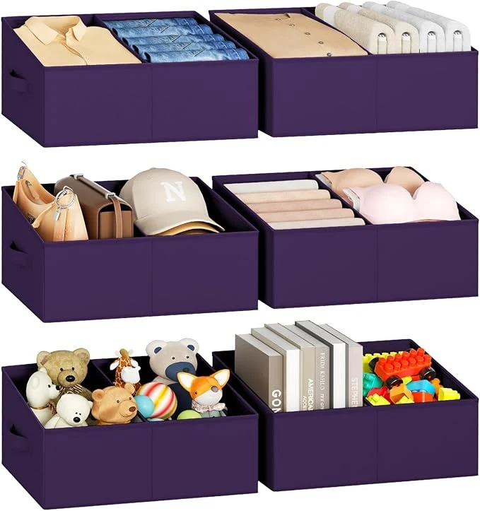 Top-Quality DIMJ Large Closet Shelf Organizer Bins 6 Packs with Handles and Divider Fabric Trapezoid Storage Baskets Foldable Clothes Containers Box for Shelf Towel Book Toy Purse Hats PurpleAbout ThisOverview Natural