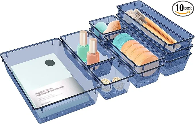 High-End 10 PCS Drawer Organizer Set 5 Varied Size Bathroom and kitchen Drawer cabinet organizer Trays Clear Storage Bins for Makeup Jewelry Utensils and Gadgets Dark BlueAbout ThisOverview Organic