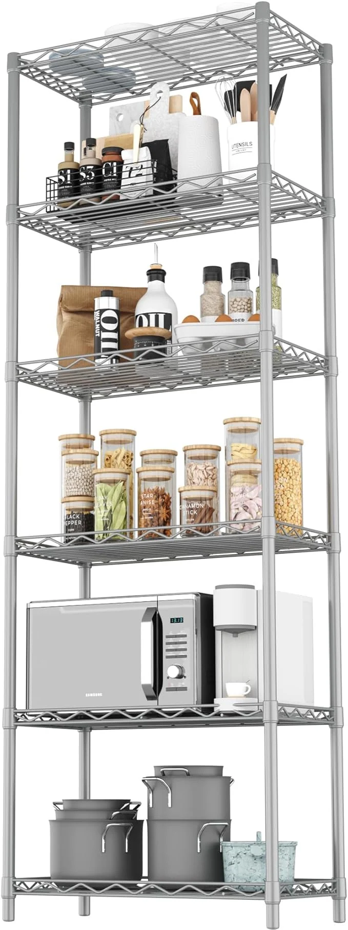 Next-Generation HOMEFORT 6-Tier Wire Shelving 6 Shelves Unit Metal Storage Rack Closet Shelves for Kitchen Pantry Closet Bathroom 14 D x 21 W x 75.6 H Grey About ThisOverview Expertly Made