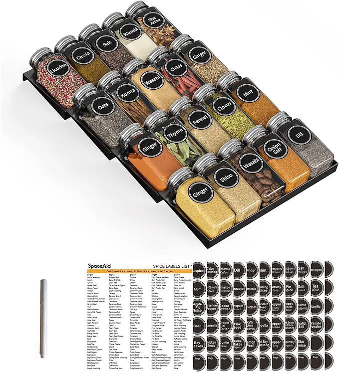 Specialty SpaceAid Spice Drawer Organizer with 20 Spice Jars 386 Spice Labels 4 Tier Seasoning Rack Tray Insert for Kitchen Drawers 9-1 2 Wide x 17-1 2 DeepAbout ThisOverview Powerful