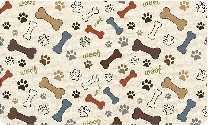 Traditional Dog Feeding Mat 20 x 12 Inch Neutral Paw Bone Woof Dog Placemat Absorbent Specialty