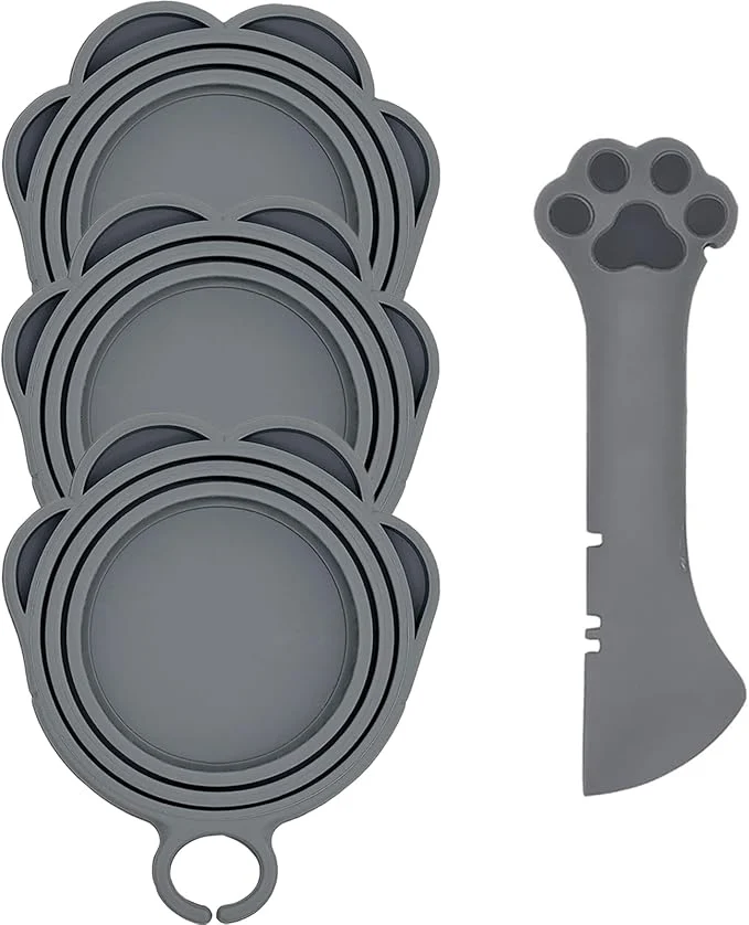 Authentic 3 Pcs Cat Food Can Covers One Can Opener Cute Paw Shape Lids and Opener Fast