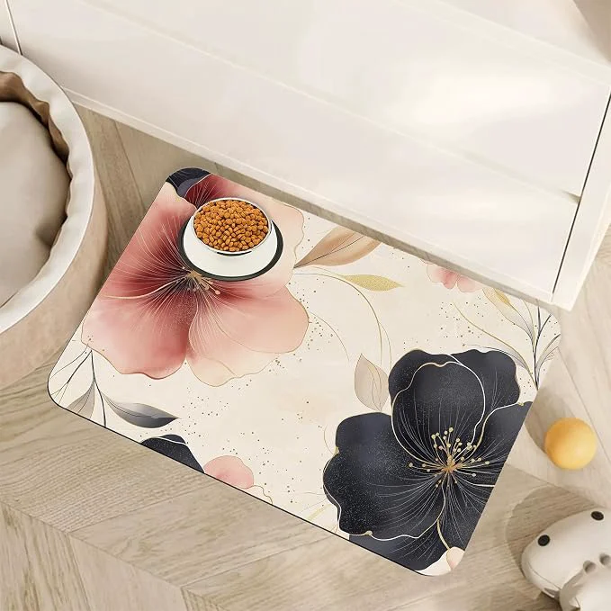 User-Friendly Pink Floral Pet Feeding Mat Boho Flower Absorbent Quick-Dry Cat Dog Food and Versatile