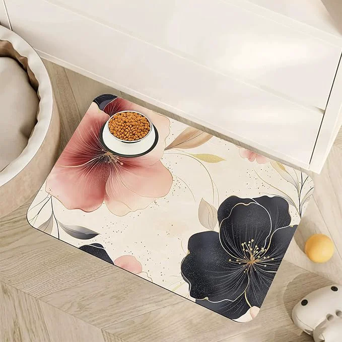 World-Class Pink Floral Pet Feeding Mat Boho Flower Absorbent Quick-Dry Cat Dog Food and Fast