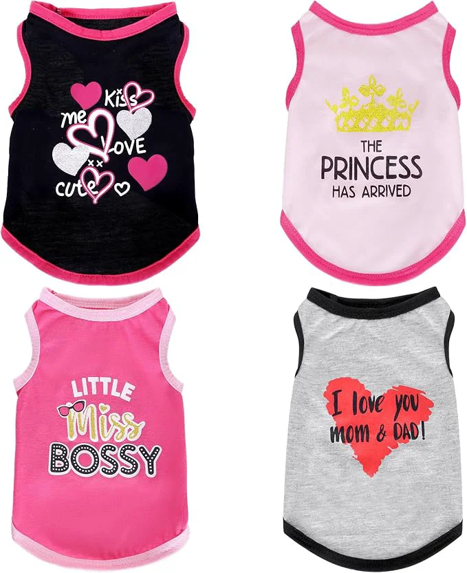 World-Class 4 Pack Dog Shirts Summer Printed Puppy Clothes Cute Sleeveless Pet T Shirts Dog Classic