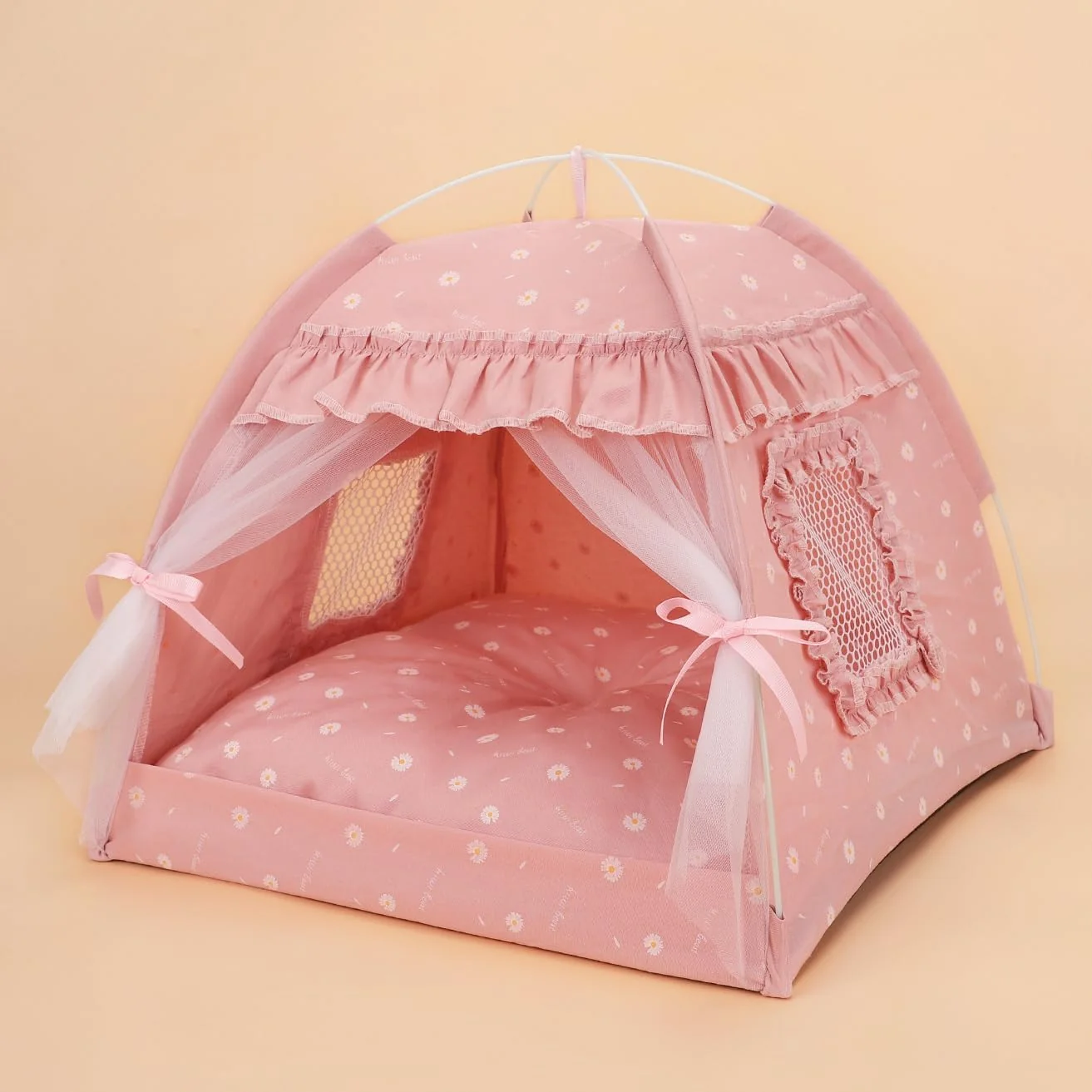 Eco-Friendly Selena Cat Bed Tent - Small Pink Lace Mesh Indoor Outdoor Nest Teepee Removable Cover Breathable Portable Powerful