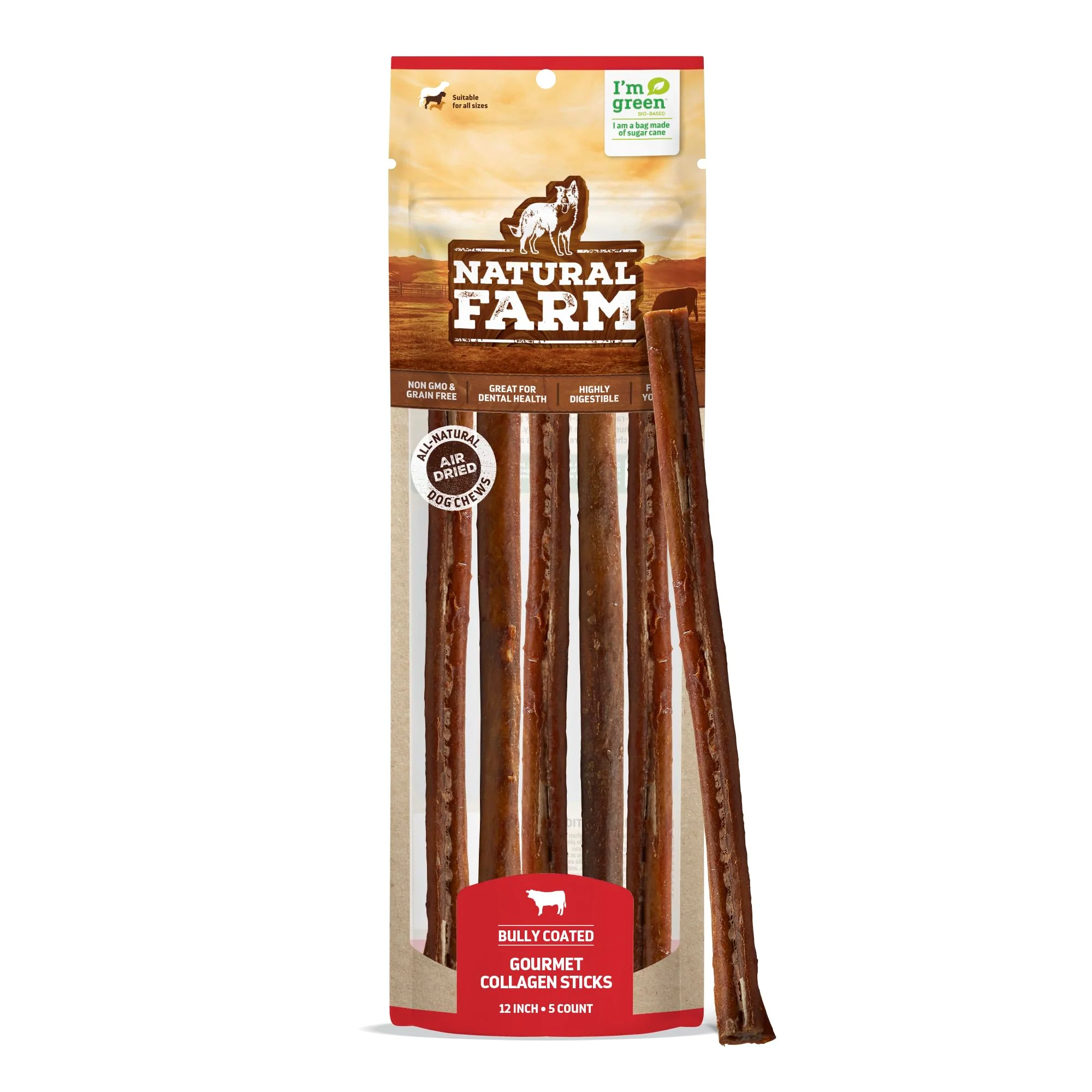Fine Natural Farm Bully Coated Gourmet Collagen Sticks 12-Inch 5-Pack – Beef Coated 95 Natural Collagen Solid