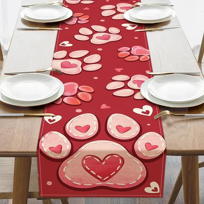 Original Design Valentines Day Dog Cat Paw Prints Table Runner Anniversary Wedding Burlap Classic