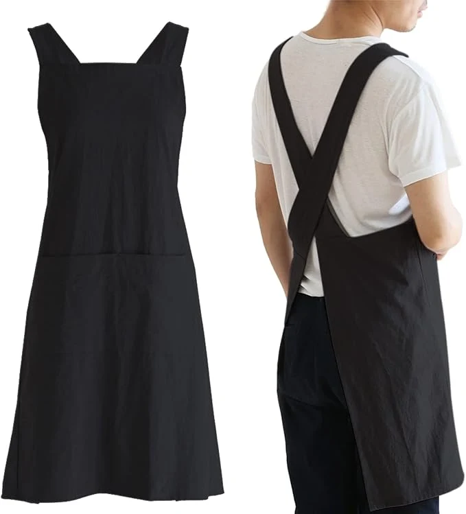 Soft NEWGEM Japanese Linen Cross Back Cooking Aprons for Women Men with Pockets Cute for Baking Kitchen Fashionable