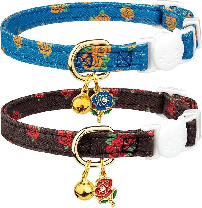 Proven 2 Pack Cotton Breakaway Cat Collar Blue and Black Rose Pendant Cute Kitten Cat Eco-Friendly