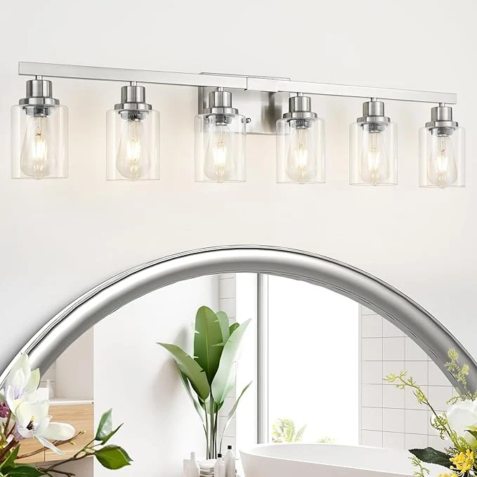 Minimalist Bathroom Vanity Light 6-Light Nickel Modern Matte Wall Sconce Lighting with Clear Glass Shade Wall Lights Bath Vintage Wall Mounted Lamps for Mirror Bedroom Living RoomAbout ThisOverview Premium Material