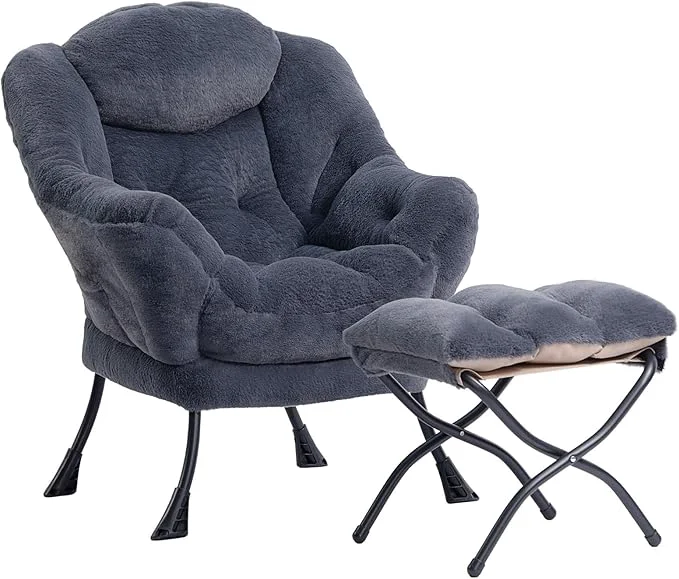 Casual HollyHOME Lazy Chair with Foldable Ottoman Accent Comfy Lounge Armchair and Folding Footrest Stool Leisure Sofa Reading Chair and Footstool for Living Room Bedroom Dorm Faux Fur Navy BlueAbout ThisOverview Elite