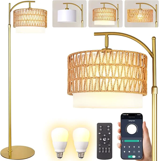 Next-Generation Bohemian Rattan Floor Lamp for Living Room - Golden Arc Design 12W LED 1 in use 1 Spare Remote Dimmable 3 - Color Temp Tall Standing LampAbout ThisOverview Expertly Made