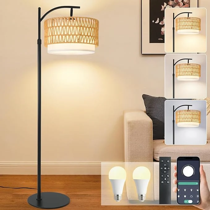 Specialty Bohemian Rattan Floor Lamp for Living Room - Black Arc Design 12W LED 1 in use 1 Spare Remote Dimmable 3 - Color Temp Tall Standing LampAbout ThisOverview Practical