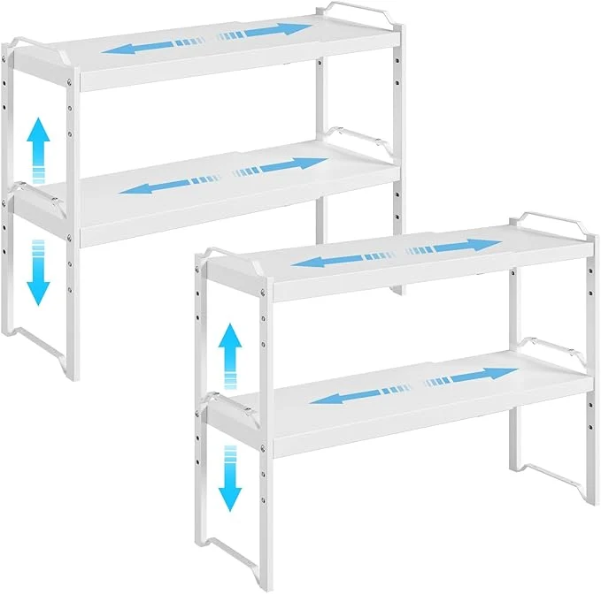 Excellent 4 Pack Kitchen Cabinet Shelves Organizers Kitchen Counter Storage Shelf Spice Rack Expandable Length Adjustable Height Stackable Sturdy 30LBS Bearing Small Cupboard Tabletop Organizer Shelf RackAbout ThisOverview Functional