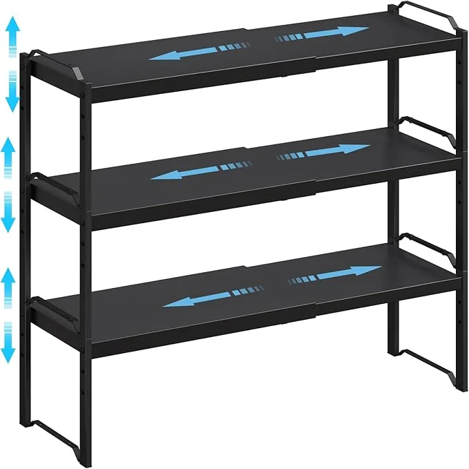 Prestigious 25.5 Inches 3 Pack Expandable Cabinet Shelves Stackable Shelf Organizer for Kitchen Cabinet Countertop Storage Adjustable Counter Cupboard Pantry Organizer Shelf Rack Stand Riser BlackAbout ThisOverview Pure