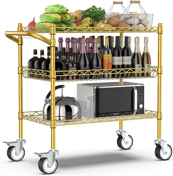 Green Leteuke 3 Tier Rolling Carts with Wheels Heavy Duty Utility Bar Cart NSF Commercial Grade Metal Cart with Handle Shelf Liner Trolley Serving Cart for Kitchen Restaurant Plant Display GoldAbout ThisOverview Premium Material