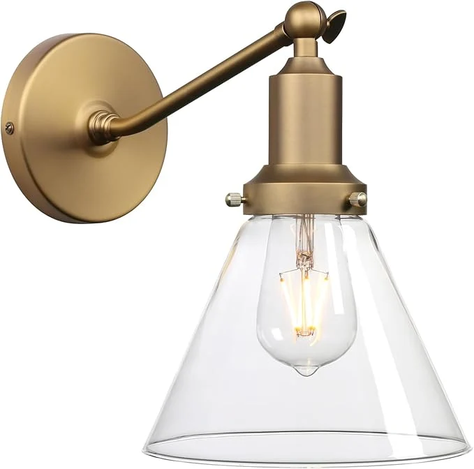 Modern PERMO Industrial Vintage Slope Pole Wall Mount Single Sconce with Funnel Flared Clear Glass Shade Wall Sconce Light Lamp Fixture Hardwired Antique Gold About ThisOverview Trendy