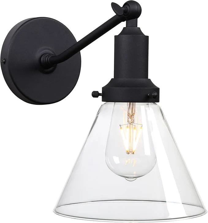 Exceptional PERMO Industrial Vintage Slope Pole Wall Mount Single Sconce with Funnel Flared Clear Glass Shade Wall Sconce Light Lamp Fixture Matte Black About ThisOverview Prestigious