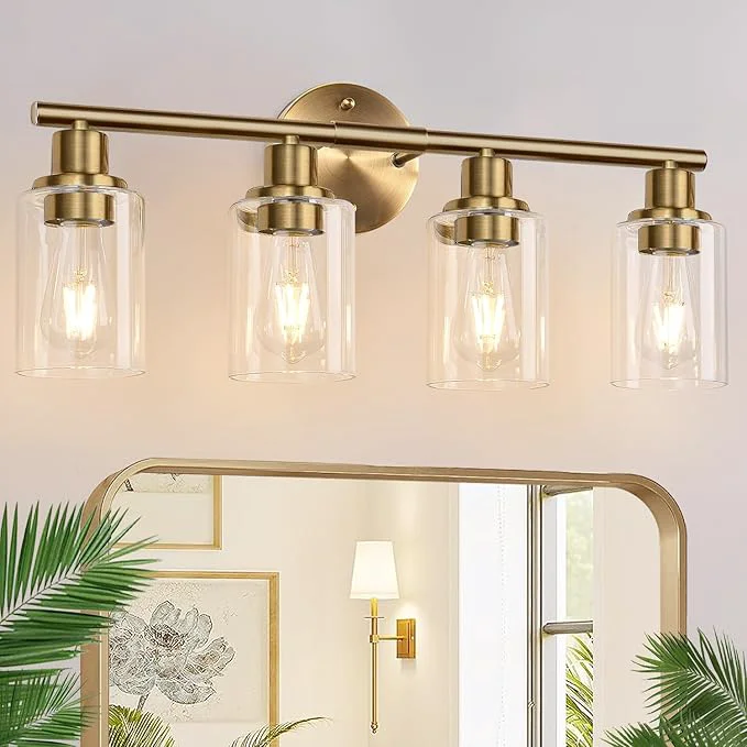 Artisan 4-Light Bathroom Light Fixtures Brushed Brass Modern Vanity Lights with Cyan Glass Shades Bathroom Wall Lamp for Mirror Kitchen Living RoomAbout ThisOverview Trendy