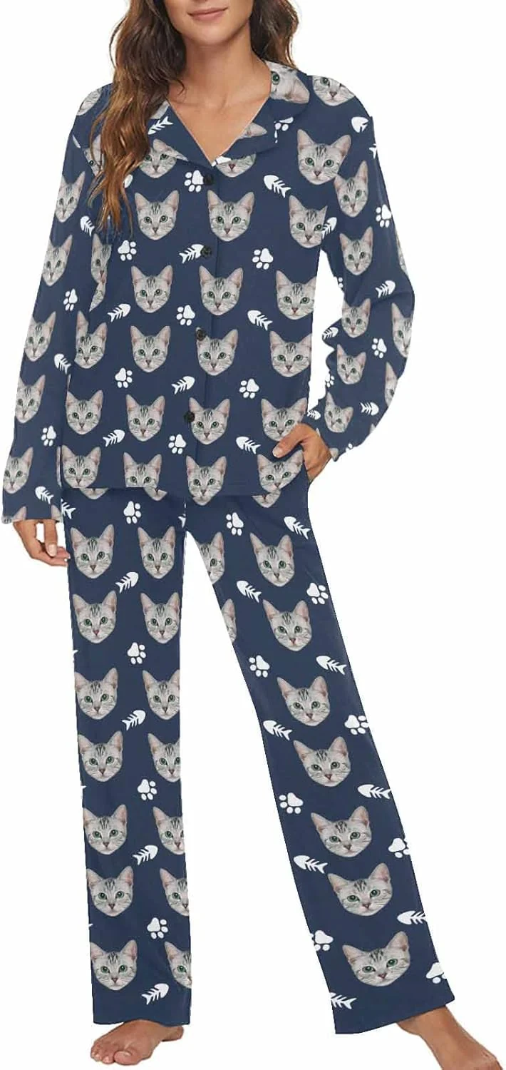 Casual MyPupSocks Custom Face Pajamas for Women Set Personalized Photo Long Sleepwear XS-XXL Premium Material