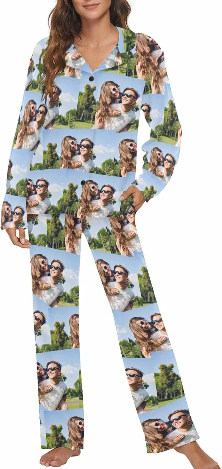 Fast MyPupSocks Custom Face Pajamas for Women Set Personalized Photo Long Sleepwear XS-XXL Dependable
