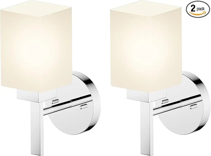 Fine Vanity Lighting Fixtures Polished Chrome Bathroom Lights with White Frosted Glass Shade Wall Sconces for Mirror Hallway Entrance 2 Pack T002CH-L1-P2About ThisOverview Premium
