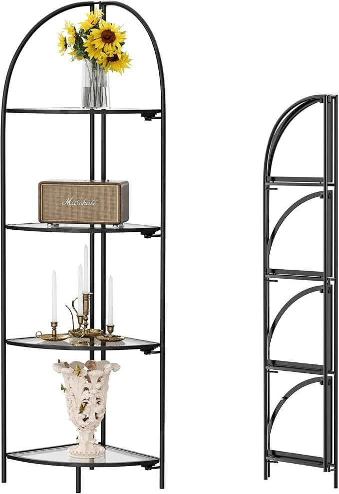 High-Quality Crofy Foldable 4 Tier Corner Shelf Metal Corner Plant Stand with Black Frame and Transparent Shelves Corner Display Rack Multipurpose Shelving Unit for Living Room Bedroom BathroomAbout ThisOverview Clean