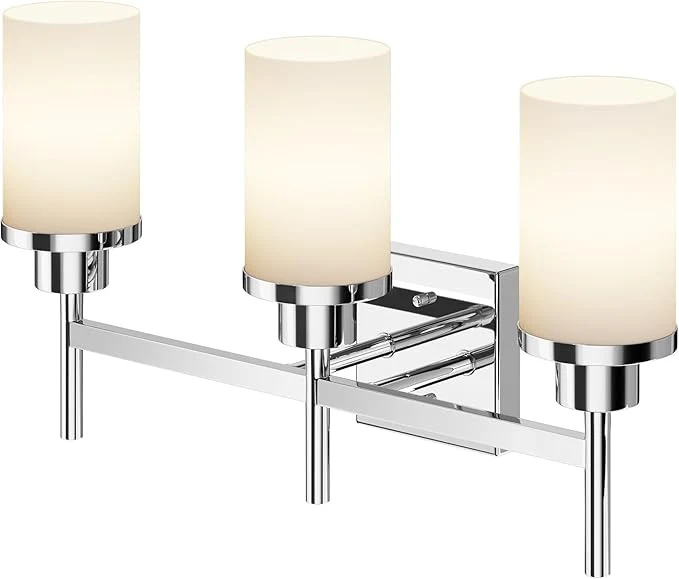 Easy-to-Use Bathrom Light Fixtures Polished Chrome 3 Vanity Lights with White Frosted Glass Shade Wall Lamps Over Mirror for Bath Washroom Bedrom T001CH-L3About ThisOverview Official
