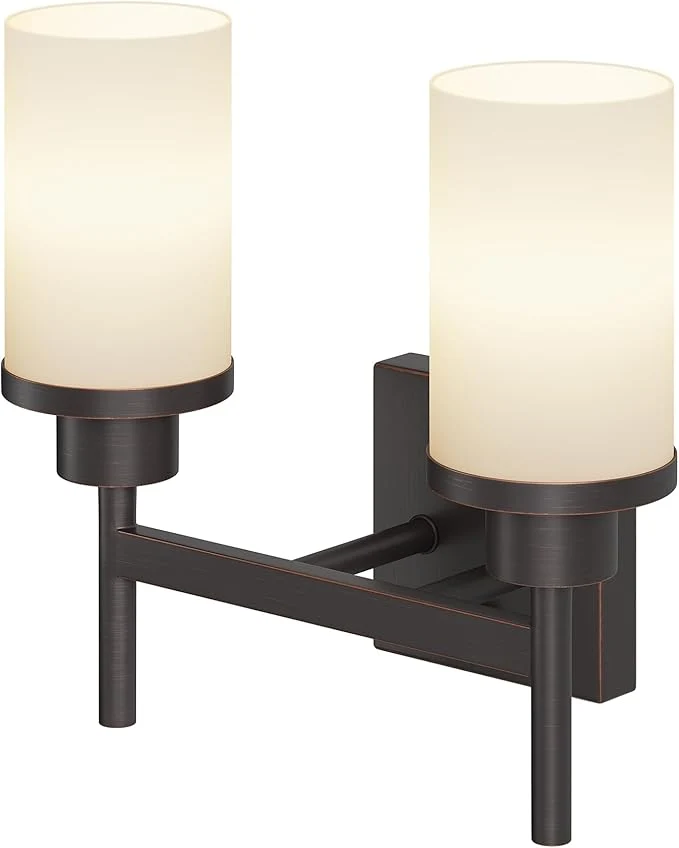 Carefully Designed Wall Lights Over Mirror Bathroom Vanity Light Fixtures with White Frosted Glass Double Wall Sconces for Hallway Entrance Oil Rubbed Bronze T001ORB-L2About ThisOverview Minimalist