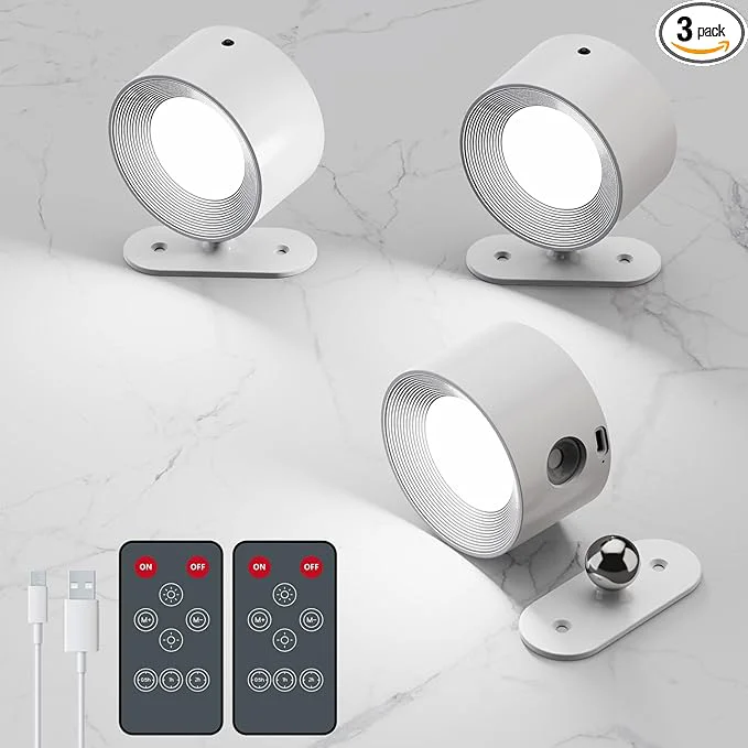 Eco-Friendly 3Pack Battery Operated Wall Sconce 3 Color Modes 3 Brightness Levels 360°Rotation Lighting Timer Touch Remote Control Wall Mounted Lamp LED Wall Lights for Bedroom Reading Bedside White About ThisOverview Fast